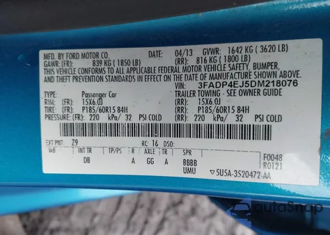 2013 Ford Fiesta Se from USA, damaged, VIN 3FADP4EJ5DM218076